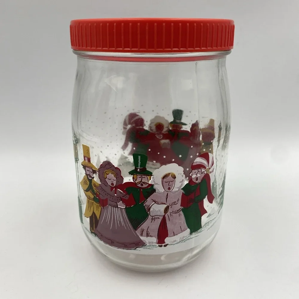 Vtg VMC REIMS Victorian Carolers Christmas Jar  Red Screw Top Lid Made in France
